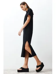 Black 100% Cotton Slit Detailed /Comfortable Cut Midi Knitted Dress - 2