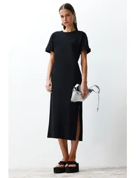 Black 100% Cotton Slit Detailed /Comfortable Cut Midi Knitted Dress