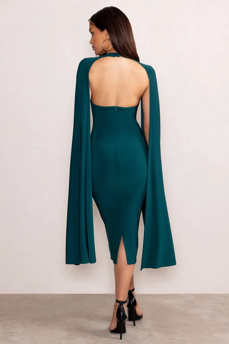 Myla | Bottle Green V-Neck Ruched Midi Dress with Cape Overlay Club L  London : Evening Dresses : VogaCloset Qatar