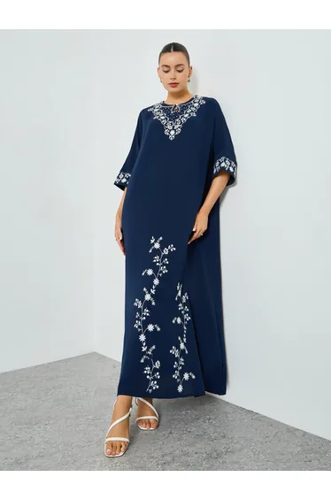Navy Blue Embroidered A-Line Jalabiya