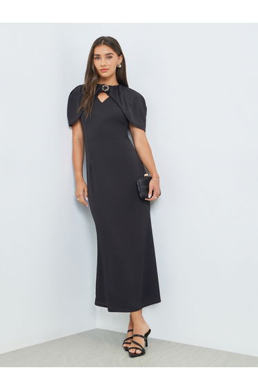 Black Cape Sleeve Sheath Maxi Dress