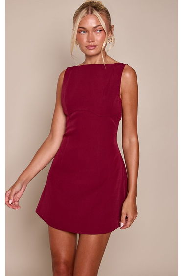 Wine Woven Boat Neck Backless Detail Mini Dress product thumbnail 2