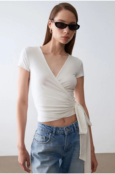 Dilvin Crop Wrap Blouse With Tie Detail
