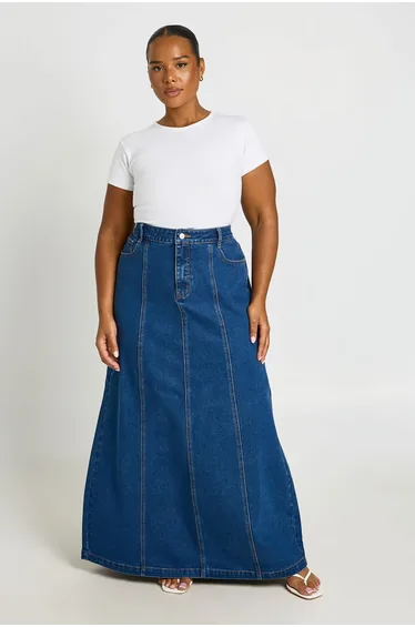 Plus Seam Detail Denim Maxi Skirt - washed indigo