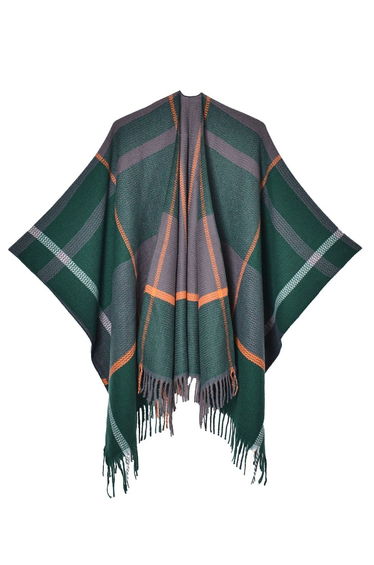 Geometric Grid Fringed Hem Poncho in Dark Green