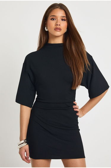 Rib Cinched Mini Dress - black