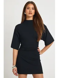 Rib Cinched Mini Dress - black