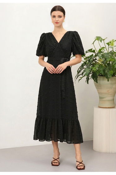 Bubble Sleeve Tie-Waist Swiss Dot Chiffon Dress in Black for Bridal Showers & Weekend Outings