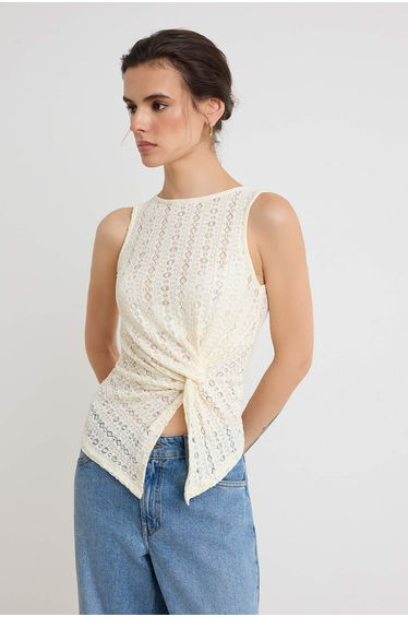 Ecru Plain Fitted/Body-Fitting Gathered Detailed Sleeveless Lace Stretchy Knitted Blouse