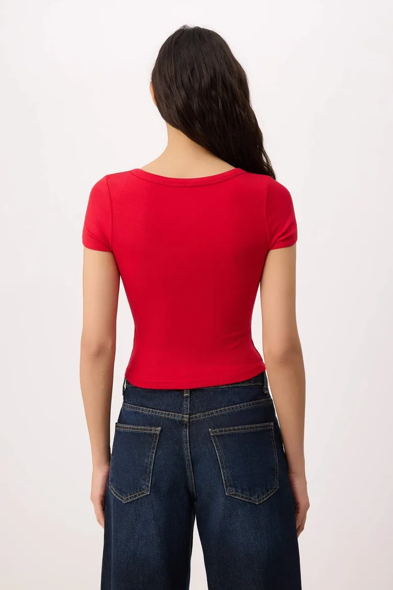Red Fitted/V-Neck Short Sleeve Cotton Ribbed Knitted T-Shirt T - 3