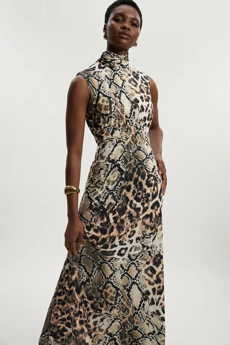 Snake Print High Neck Jersey Crepe Maxi Dress - 2