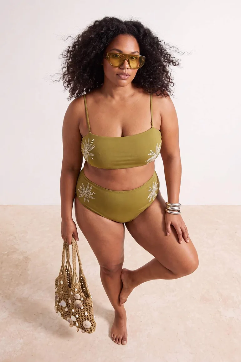 Khaki Embroidered Chlorine & Water Resistant Long-Lasting Lycra ® Xtra Life Bikini Set - 4