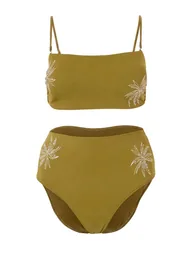 Khaki Embroidered Chlorine & Water Resistant Long-Lasting Lycra ® Xtra Life Bikini Set - 1