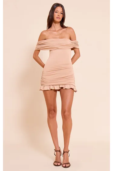 Stone Bardot Frill Hem Bodycon Dress