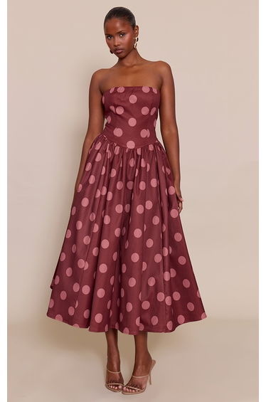 Blush Polka Dot Woven Bandeau Ruched Skater Midaxi Dress