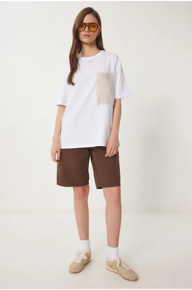 Women's White Oversize Embroidered Pocket Knitted T-Shirt