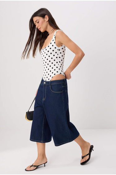 Ecru Polka Dot Fitted Pool Neckline Sleeveless Snap Fastener Stretchy Knitted Bodysuit