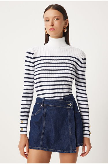 Women's Ecru Navy Blue Turtleneck Striped Seasonal Knitwear Sweater