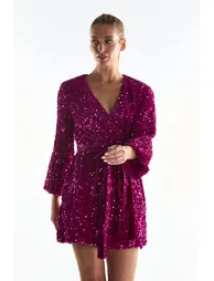 Cerise Velvet-Sequin Tie-Waist Wrap Mini-Dress - 2