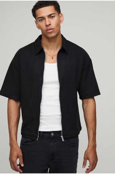 Oversized Faux Suede Boxy Shirt - black