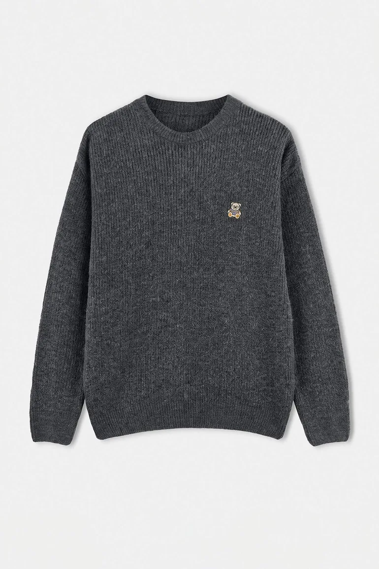 Anthracite Oversize/Wide Cut Crew Neck Bear Embroidered Sweater - 4