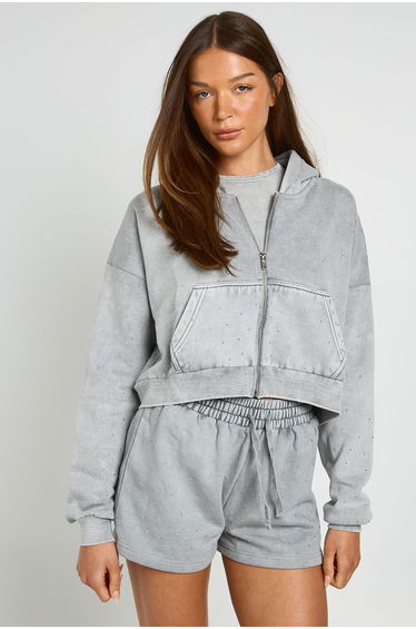 Washed Studded Zip Through Boxy Hoodie - washed charcoal