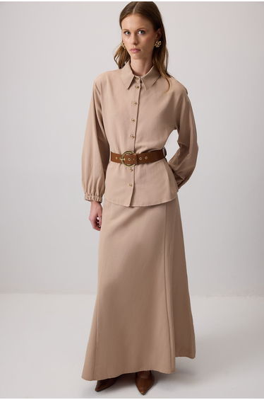 TEXTURED BELTED SHIRT SKIRT SET