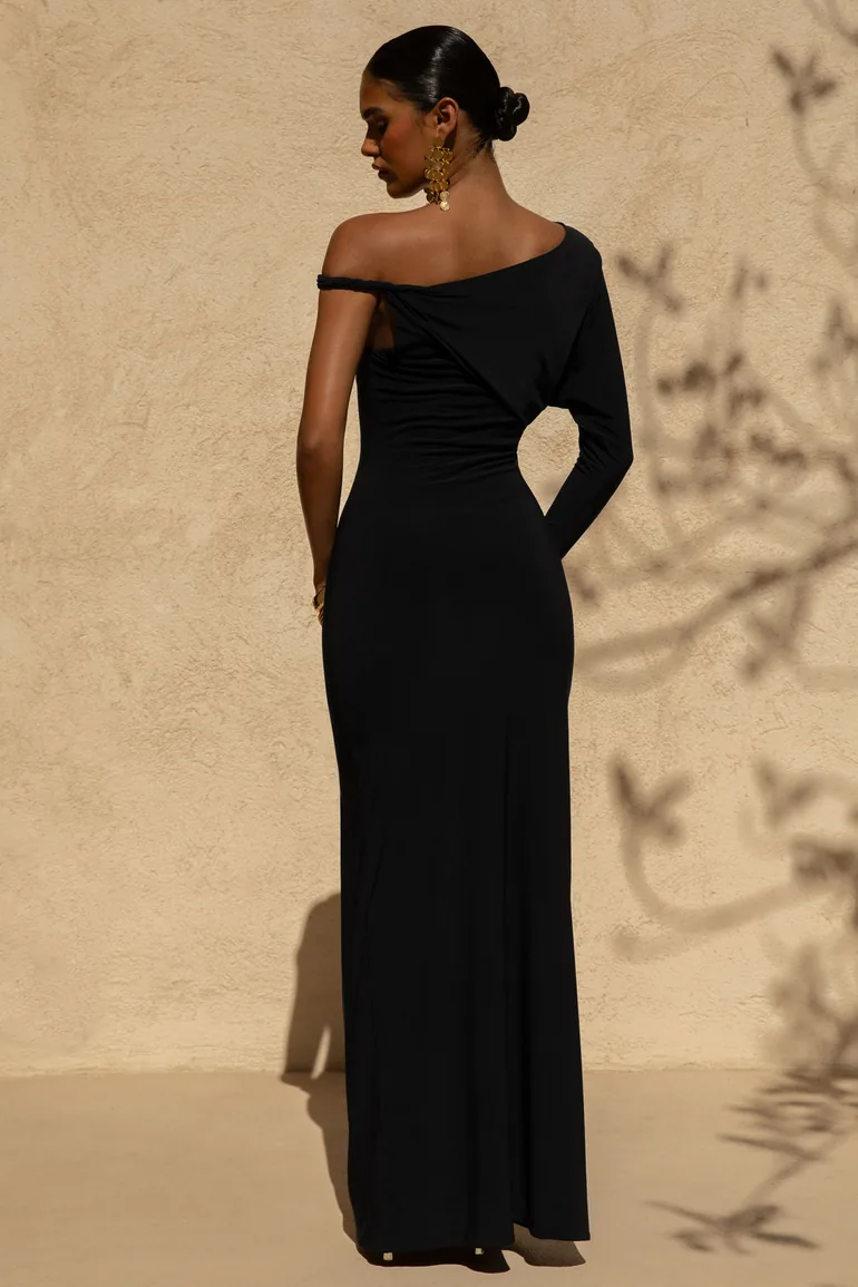 Floria | Black Draped One-Sleeve Maxi Dress - 1