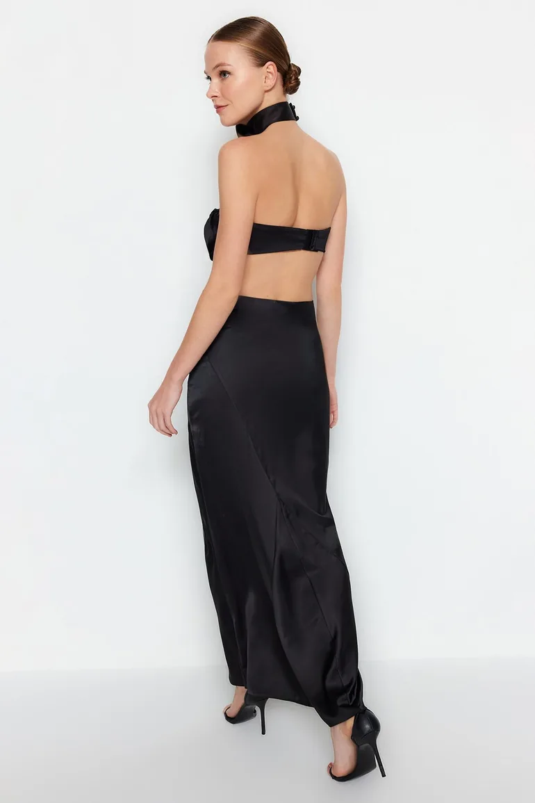 Black Satin Long Skirt - 2