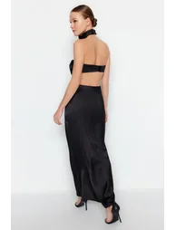 Black Satin Long Skirt - 2