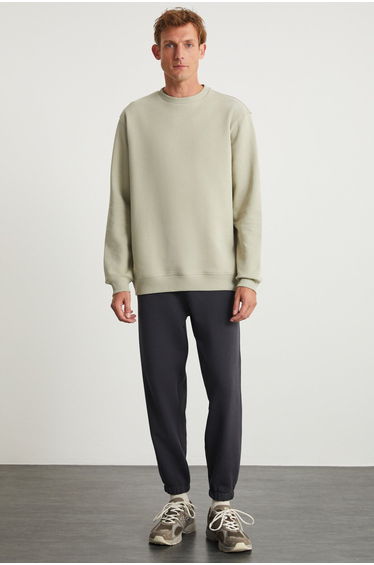 LUDİM Men's Oversize Fit 3 Thread Raised Round Collar Beige Sweatshirt