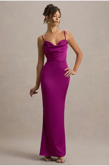 Gia | Dark Pink Satin Cowl-Neck Maxi Dress