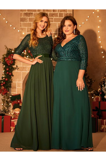 ever LUENA|Sexy V Neck Sequin Evening Dresses with 3/4 Sleeve