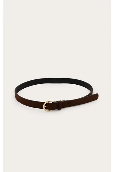 Chocolate Faux Suede Gold Crescent Buckle Skinny Belt