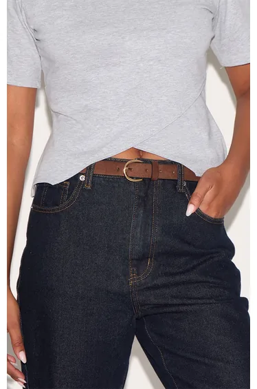 Chocolate Faux Suede Gold Crescent Buckle Skinny Belt