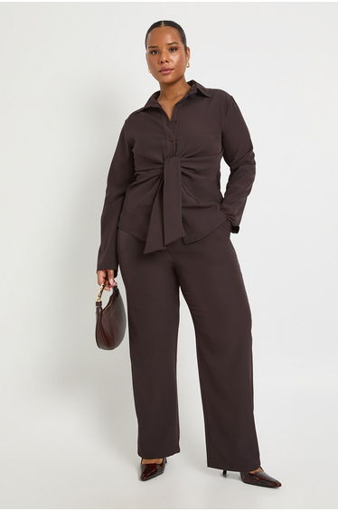 Plus Tied Front Woven Shirt And Wide Leg Trouser - chocolate