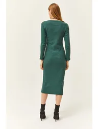 Women's Green Pool Neck Thick Ribbed Midi Dress - 2