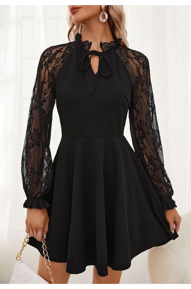 Floral Lace Panel Tie-Neck Skater Dress for Weekend Outings & Birthday Parties