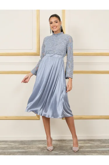 Lace Detail Satin Pleated Hem A-Line Midi Dress