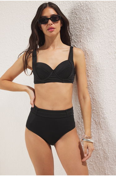 Black Balconette Ribbed Regular Bikini Set