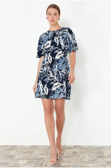Blue Tropical Floral A-line Viscose Mini Woven Dress