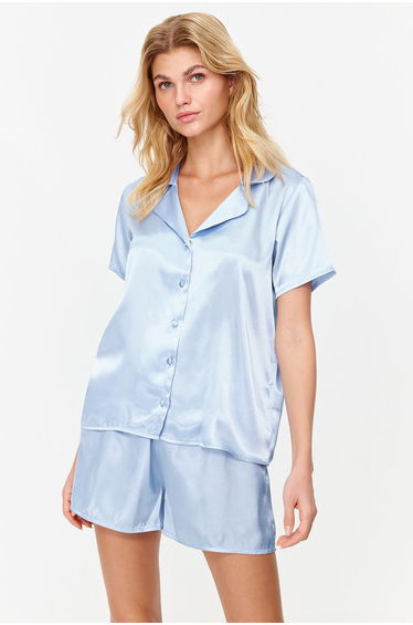 Blue Satin Woven Pajama Set