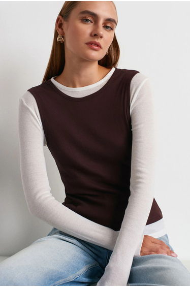 Dilvin Fitted Cotton Crew Neck Long Sleeve Blouse