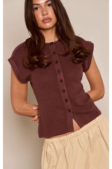 Chocolate Button Down Short Sleeve Knitted Top