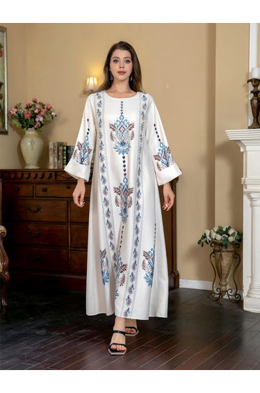 Embellished Faux Pearl Detail Round Neck Jalabiya