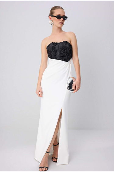 Black-White Strapless Shift/Straight-Cut Maxi Woven Evening & Graduation Dress