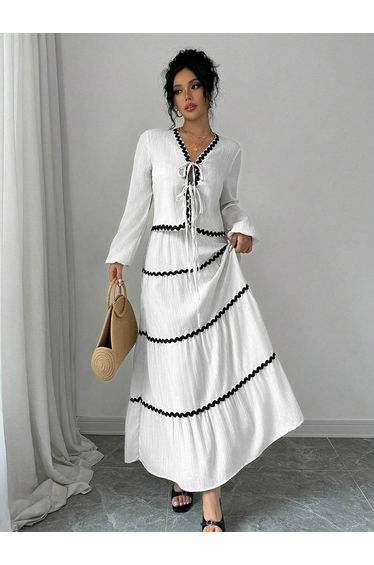 Women Rick-Rack Trim Tie-Up Top and Skirt Co-Ords