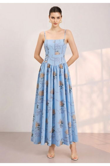 Rose Ribbon Ladder-Lace Spaghetti Strap Dress for Bridal Shower & Garden Elopement