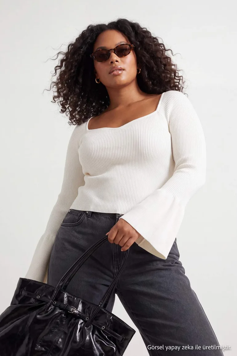 Ecru Ribbed Carmen Collar Knitwear Sweater - 1