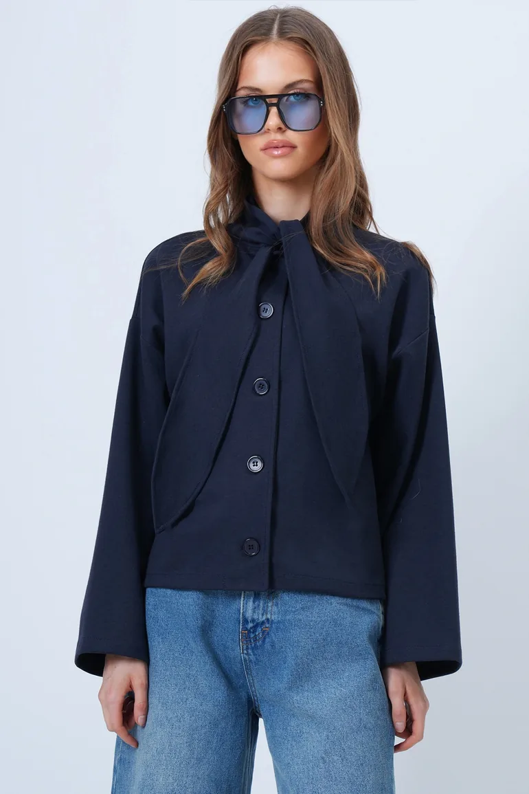 Women's Navy Blue Scarf Detailed Buttoned Jacket - 3